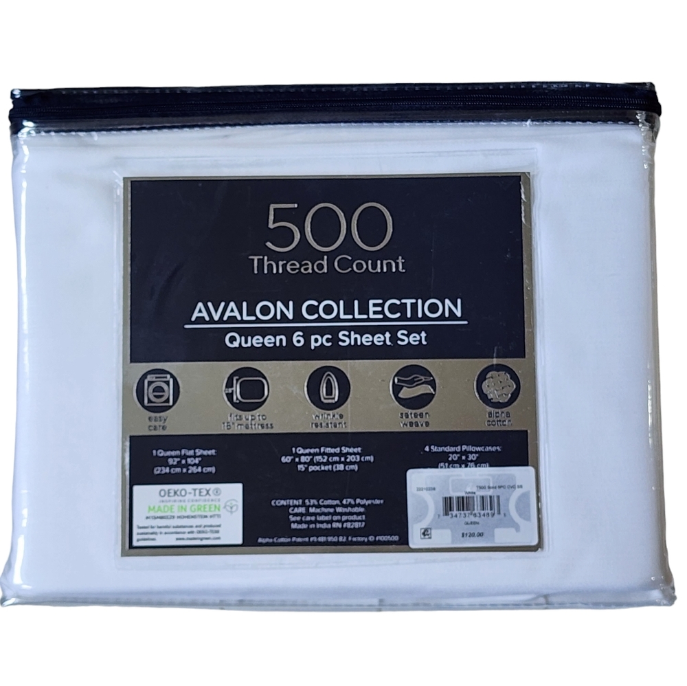 Avalon Collection Queen 6‎ pcs White Sheet Set 500 Thread Count Cotton Blend